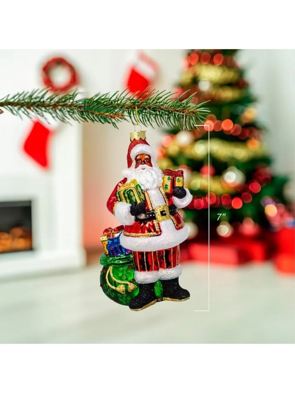 7-Inch Glass African American Santa Ornament - Festive Holiday Decor, Unique